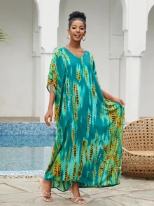 Tie Dye Split Hem Cover Up Dress - Green - View 2