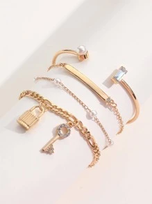 4 cái/bộ Vòng tay trang trí bằng đá giả & ngọc trai nhân tạo - Vàng - Xem 2