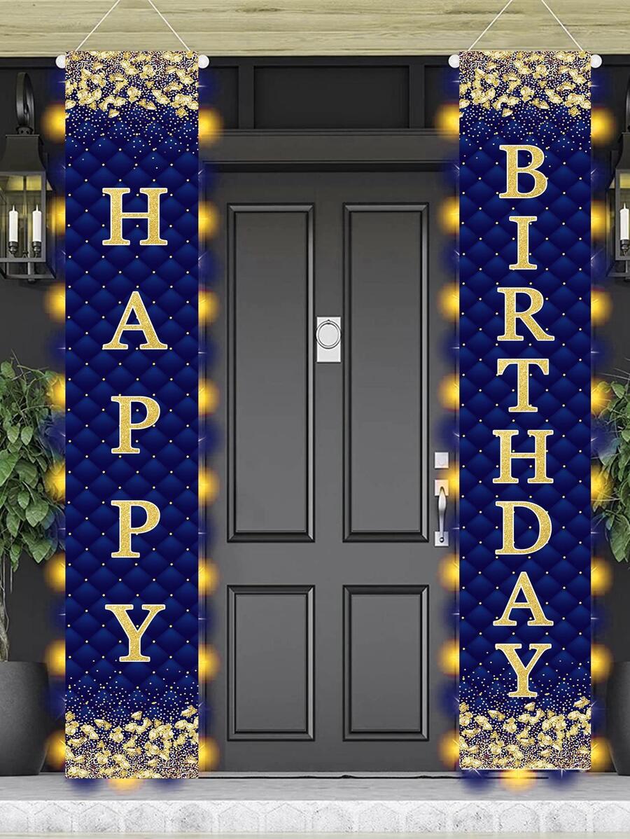 1set Blue Gold Birthday Curtain, Birthday Party Background Decoration Supplies Background Cloth Birthday Banner Curtain, Birthday Gift Party Favor, Birthday Party Wall Background Decor