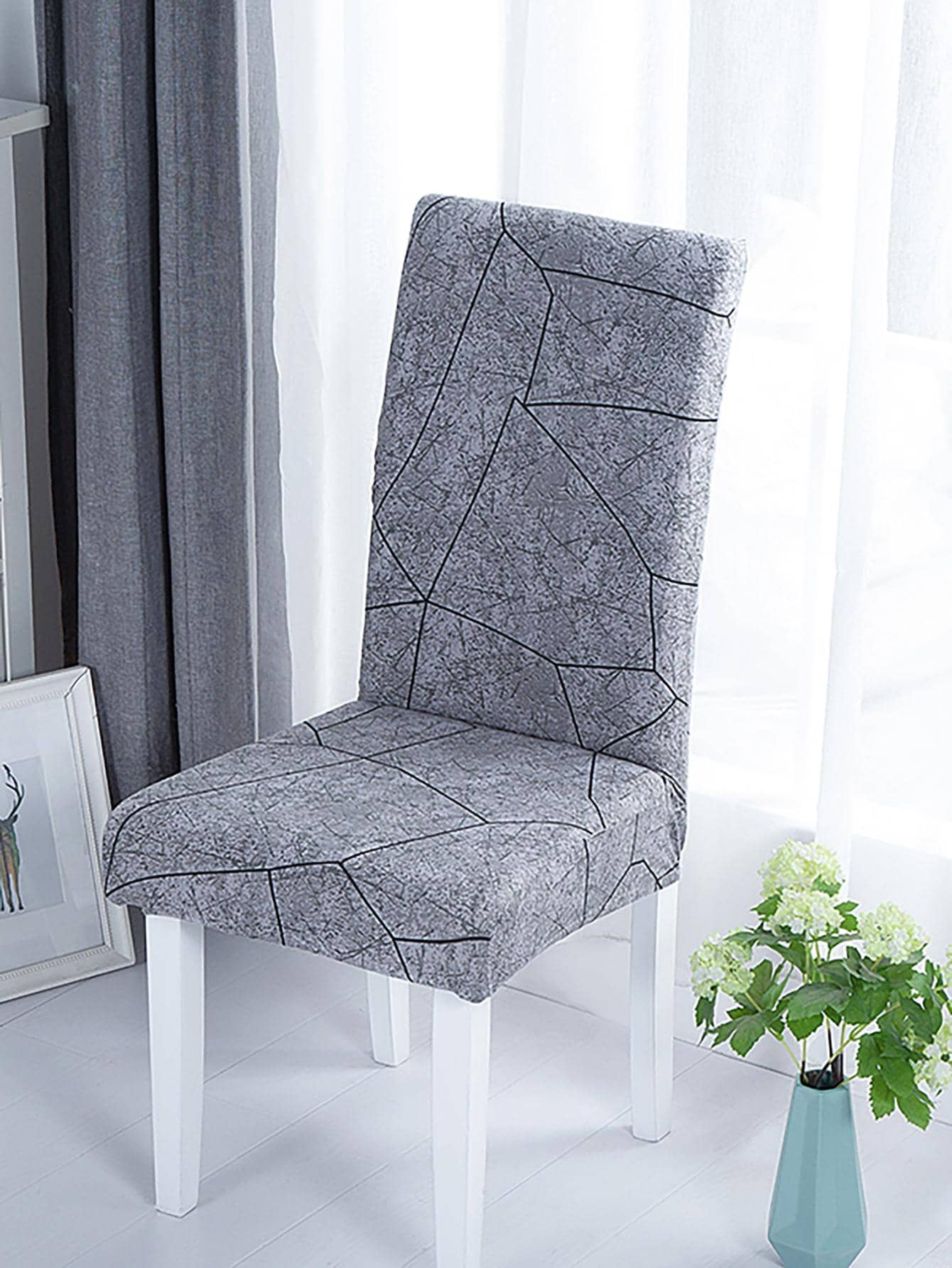 1pc Geometric Pattern Stretchy Chair Slipcover, Modern Polyester Dining Chair Cover For Home - Grey - View 1