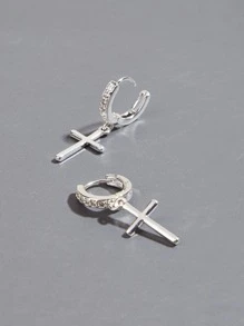 方晶鋯石裝飾十字架吊墜耳環 - 銀色 - 查看 4
