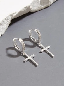 方晶鋯石裝飾十字架吊墜耳環 - 銀色 - 查看 2