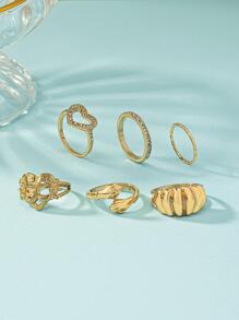 6 cái/bộ Nhẫn trang trí hình trái tim & bàn tay bằng đá thạch anh dành cho nữ để trang trí hàng ngày - Vàng - Xem 3