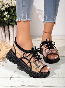 女性幾何樣式繫帶露趾運動運動戶外織物涼鞋 - 橘色 - 查看 4