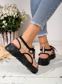 女性幾何樣式繫帶露趾運動運動戶外織物涼鞋 - 橘色 - 查看 1