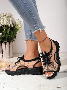 女性幾何樣式繫帶露趾運動運動戶外織物涼鞋 - 橘色 - 查看 5