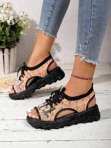 女性幾何樣式繫帶露趾運動運動戶外織物涼鞋 - 橘色 - 查看 7