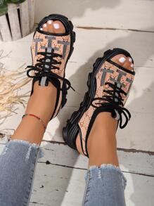 女性幾何樣式繫帶露趾運動運動戶外織物涼鞋 - 橘色 - 查看 3