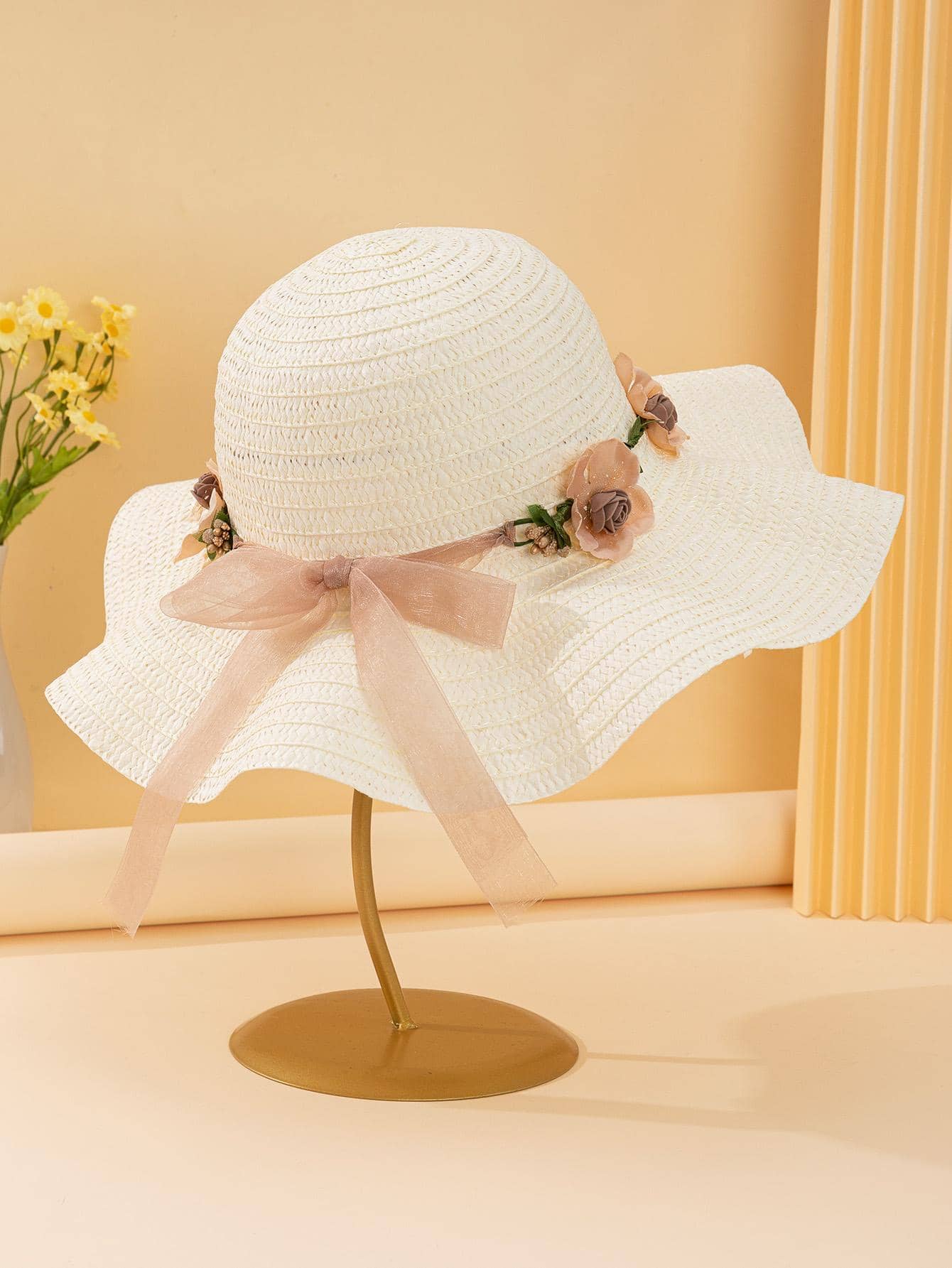 1pc Women Flower Bow Decor Boho Straw Hat For Holiday