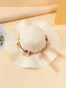 1pc Women Flower Bow Decor Boho Straw Hat For Holiday