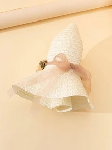 1pc Women Flower Bow Decor Boho Straw Hat For Holiday