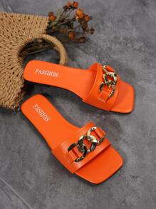 Funky Orange Sandals For Women, Chain Decor Slide Sandals - Orange - View 2