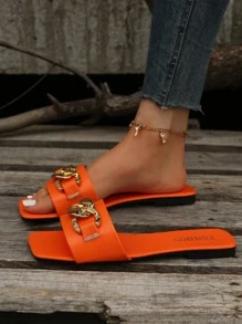 Funky Orange Sandals For Women, Chain Decor Slide Sandals - Orange - View 5