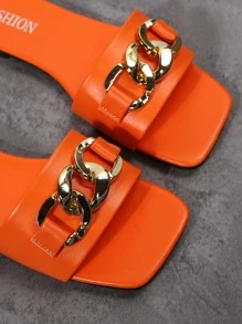 Funky Orange Sandals For Women, Chain Decor Slide Sandals - Orange - View 6