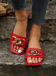 時尚紅色的涼鞋適用於鏈條裝飾涼拖 - 紅色 - 查看 3
