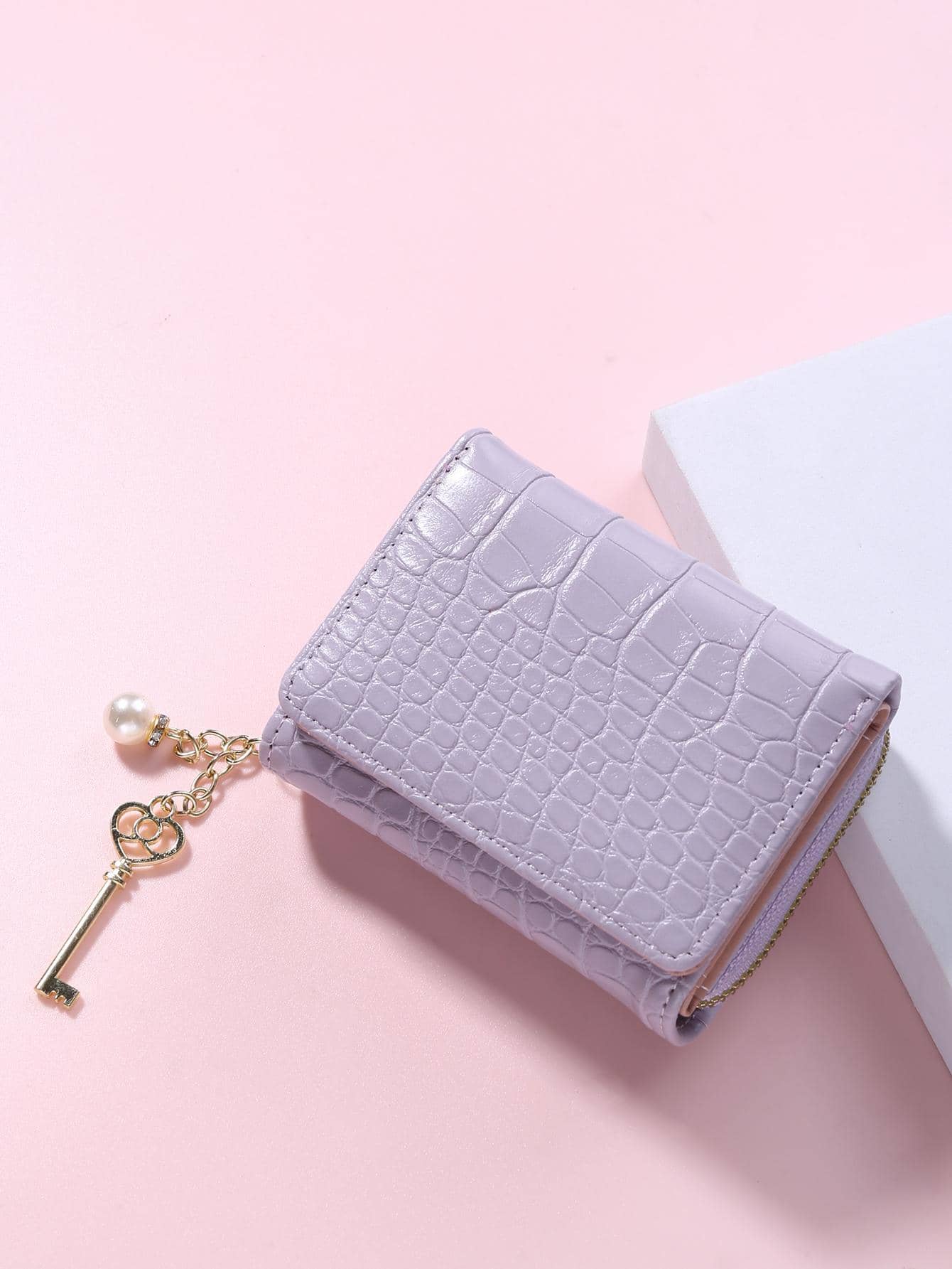 Crocodile Pattern Faux Leather Coin With Faux Pearl & Keychain & Tassel Decor For Women Wallet Purse Wallet Small Wallet - Mauve Purple - View 1