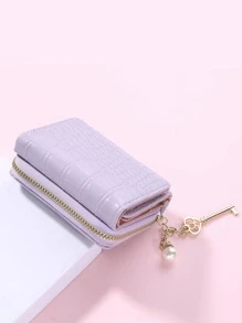 Crocodile Pattern Faux Leather Coin With Faux Pearl & Keychain & Tassel Decor For Women Wallet Purse Wallet Small Wallet - Mauve Purple - View 3