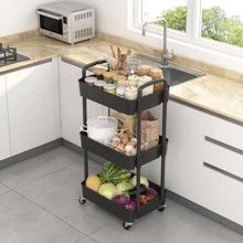3 Tier Plastic Rolling Utility Cart with Handle, Multi-Functional Storage Trolley for Office, Living Room, Kitchen, Movable Storage Organizer with Wheels - 黑色 - 查看 3