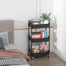 3 Tier Plastic Rolling Utility Cart with Handle, Multi-Functional Storage Trolley for Office, Living Room, Kitchen, Movable Storage Organizer with Wheels - 黑色 - 查看 4