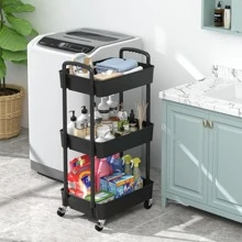 3 Tier Plastic Rolling Utility Cart with Handle, Multi-Functional Storage Trolley for Office, Living Room, Kitchen, Movable Storage Organizer with Wheels - 黑色 - 查看 5