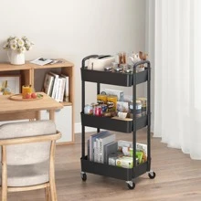 3 Tier Plastic Rolling Utility Cart with Handle, Multi-Functional Storage Trolley for Office, Living Room, Kitchen, Movable Storage Organizer with Wheels - 黑色 - 查看 1