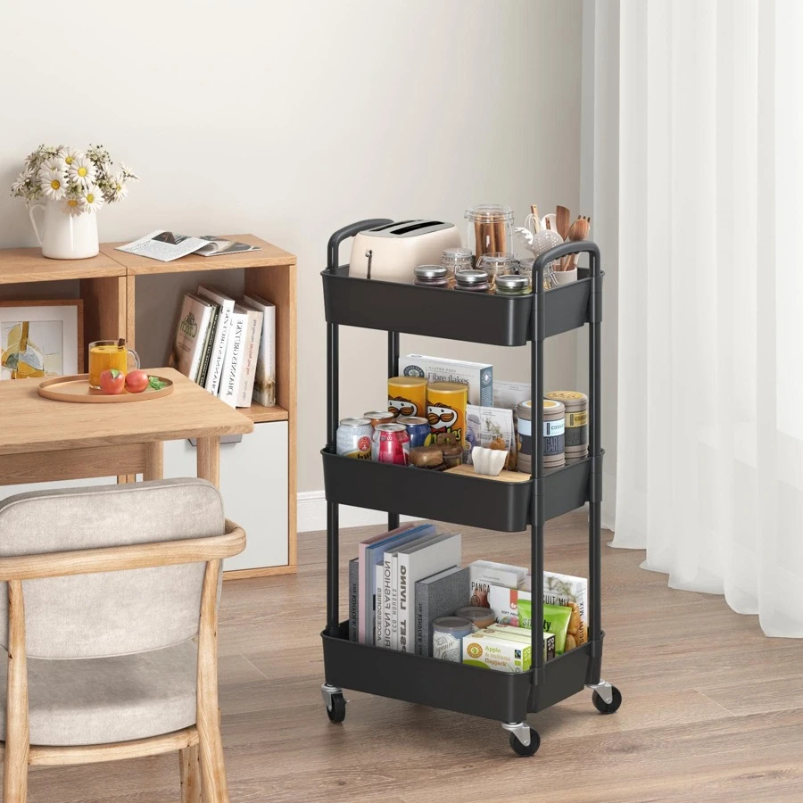 3 Tier Plastic Rolling Utility Cart with Handle, Multi-Functional Storage Trolley for Office, Living Room, Kitchen, Movable Storage Organizer with Wheels - 黑色 - 查看 1