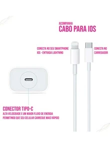 Carregador Turbo PD 20w com Cabo de Dados e Carregamento Tipo C para Lightining de 1m Compatível com iPhone - Selo Anatel - Branco - Visão 2