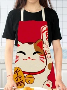1 pieza Delantal de cocina gato de dibujos animados & carácter chino patrón fibra para tareas del hogar - Multicolor - Ver 3
