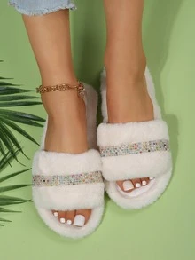 女性水鑽裝飾毛茸茸臥室時尚淺褐色的家居拖鞋