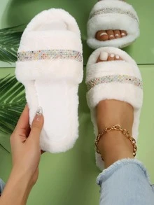 女性水鑽裝飾毛茸茸臥室時尚淺褐色的家居拖鞋