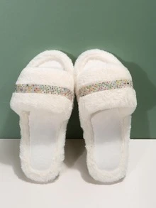 女性水鑽裝飾毛茸茸臥室時尚淺褐色的家居拖鞋