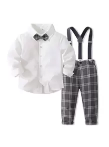 Đứa bé trai Nơ mặt trước Áo sơ mi & Kẻ sọc Quần Suspender - Nhiều màu - Xem 1