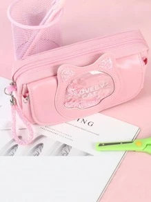 1 Túi Bút Chì Thiết Kế Hoạt Hình, Túi Đựng Văn Phòng Phẩm Di Động Cho Trung Học Cao Đẳng & Văn Phòng - Hồng - Xem 1