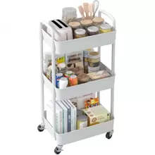 3 Tier Plastic Rolling Utility Cart with Handle, Multi-Functional Storage Trolley for Office, Living Room, Kitchen, Movable Storage Organizer with Wheels - trắng - Xem 2