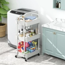 3 Tier Plastic Rolling Utility Cart with Handle, Multi-Functional Storage Trolley for Office, Living Room, Kitchen, Movable Storage Organizer with Wheels - trắng - Xem 5