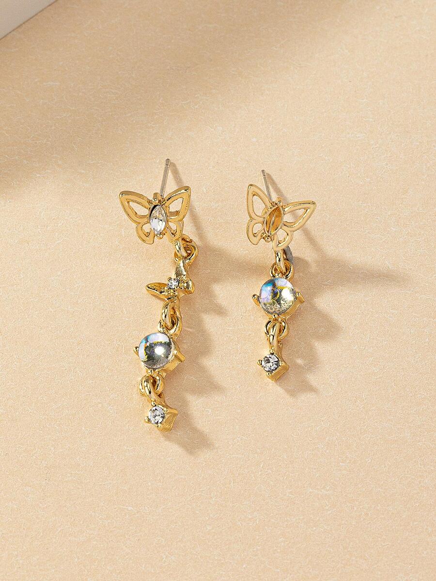 蝴蝶和水鑽裝飾耳墜 - 金黃色 - 查看 1