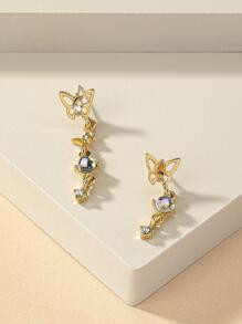 蝴蝶和水鑽裝飾耳墜 - 金黃色 - 查看 3