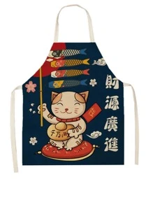1 pieza Delantal cocinero gato de dibujos animados & carácter chino patrón moderno fibra para cocina - Multicolor - Ver 1