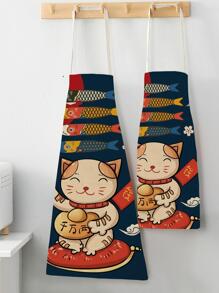 1 pieza Delantal cocinero gato de dibujos animados & carácter chino patrón moderno fibra para cocina - Multicolor - Ver 2