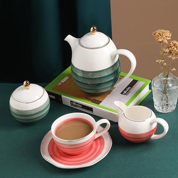 SWEEJAR Porcelain Tea Sets,8 oz Cups and Saucer Teaspoon Set of 4, with Teapot Sugar Bowl Cream