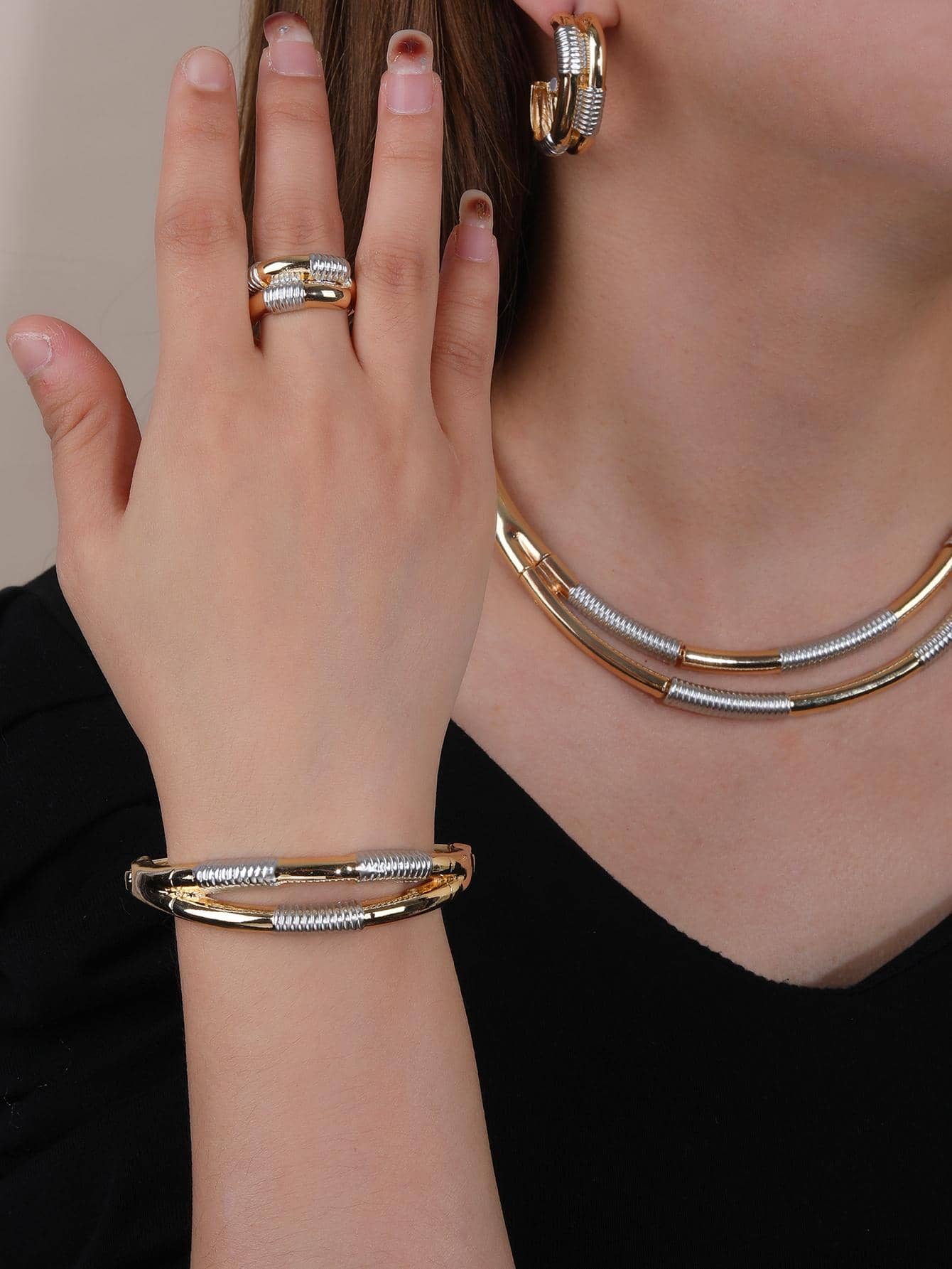 5pcs/Set Two Tone Jewelry Set - Multicolor - View 1