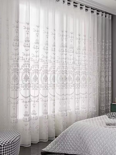 Flower Embroidered Single Panel Sheer Curtain, White European Style Mesh Curtain For Home Decor