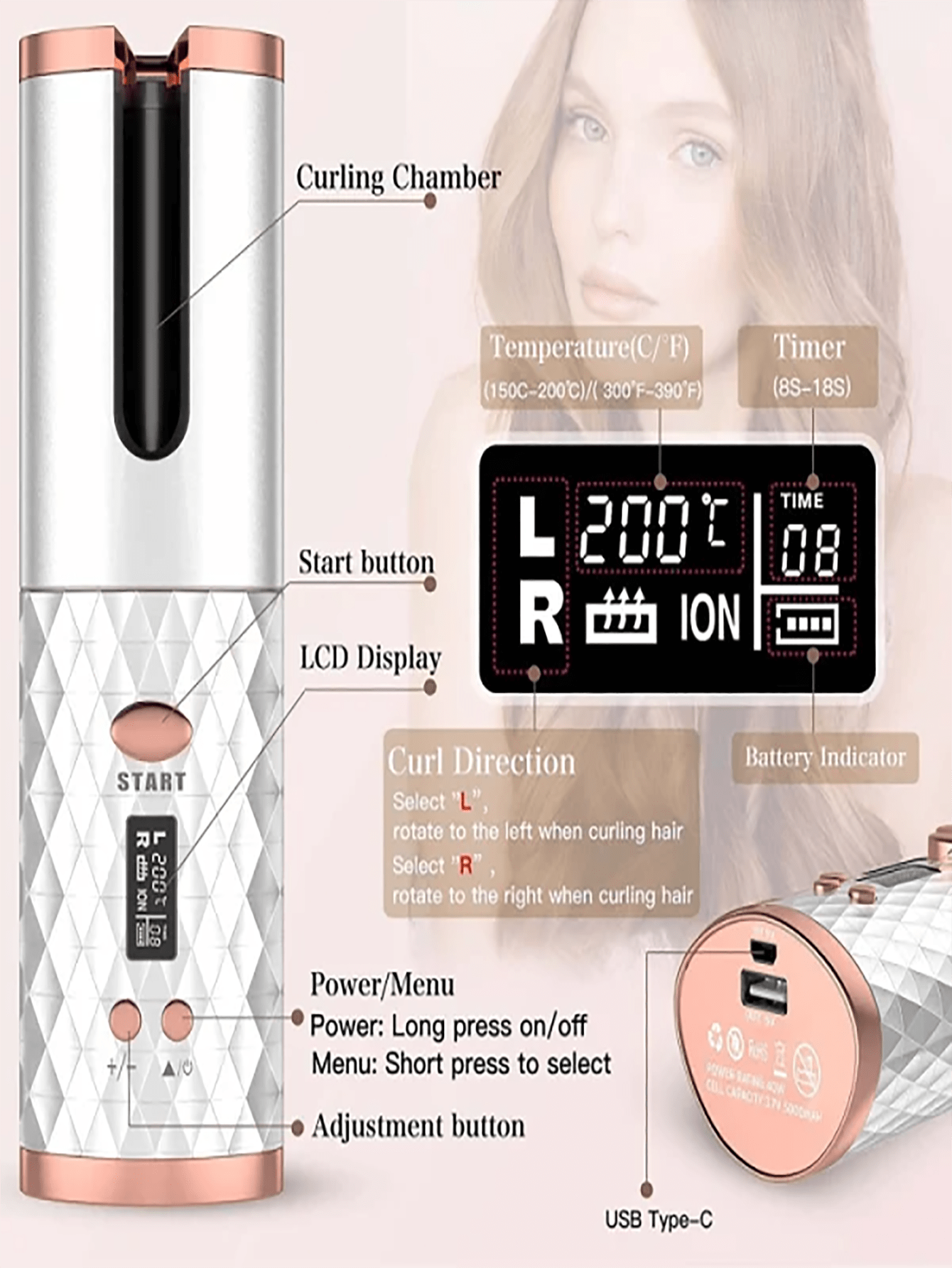 Automatic Curling Iron, Cordless Auto Hair Curler,Ceramic Rotating Hair