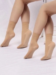 2pairs 150D Solid Plush Lined Crew Socks, Fall - Apricot - View 1