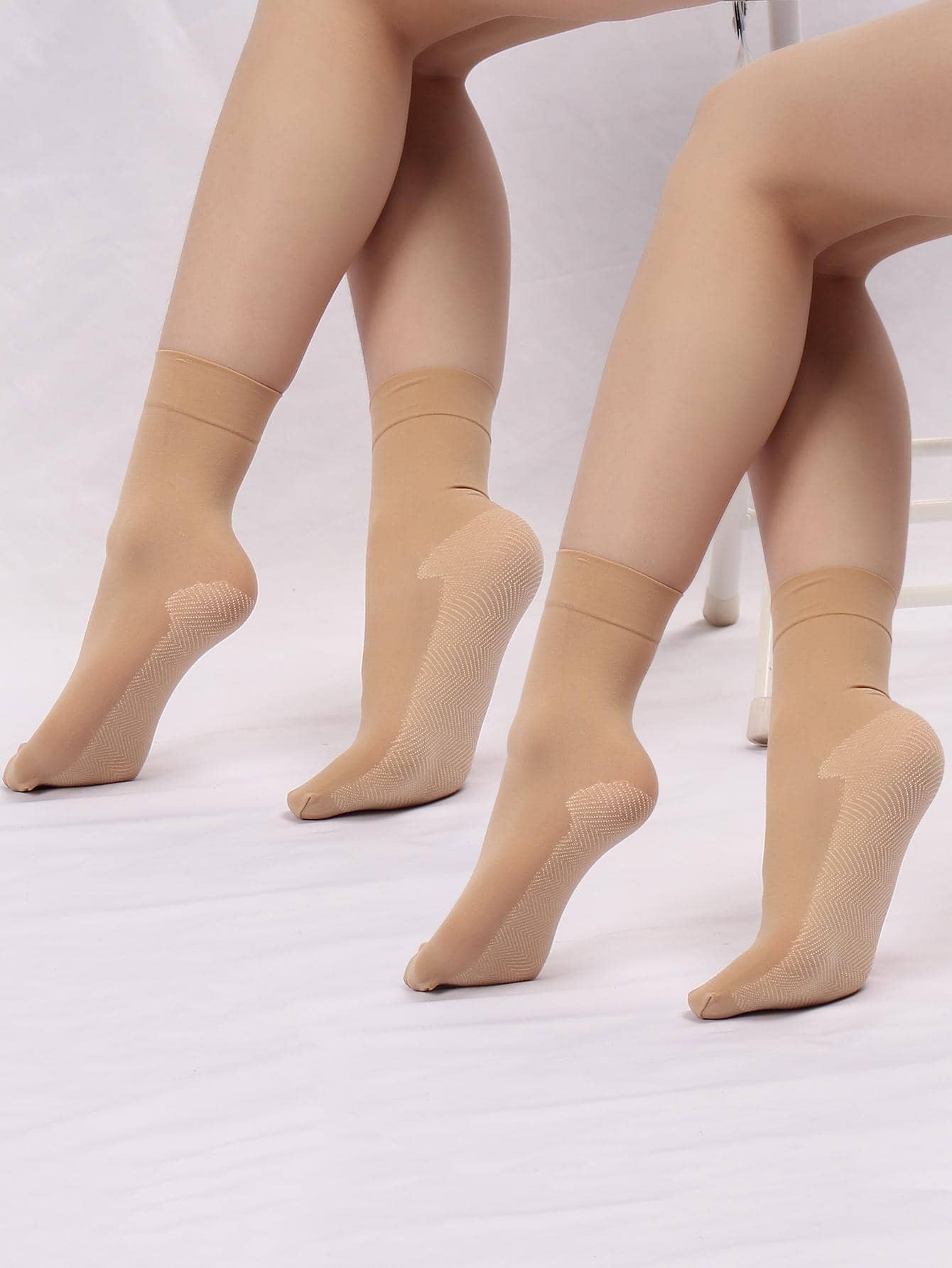 2pairs 150D Solid Plush Lined Crew Socks, Fall - Apricot - View 1