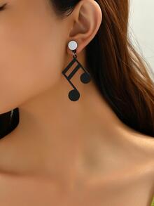Musical Note Drop Earrings - Black and White - View 2