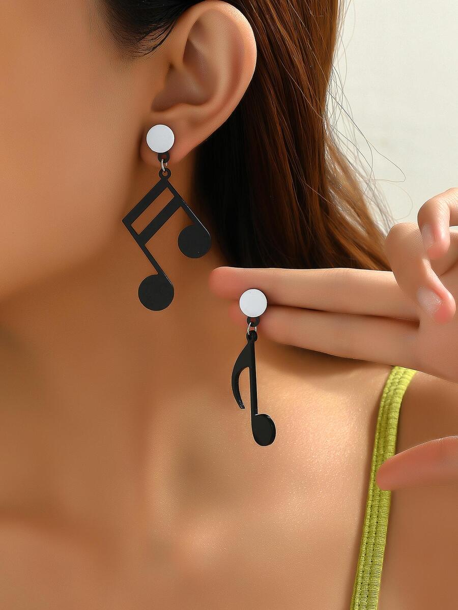 Musical Note Drop Earrings - Black and White - View 1