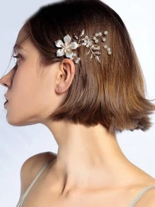 Kẹp tóc trang trí hoa và ngọc trai giả - Vàng - Xem 3