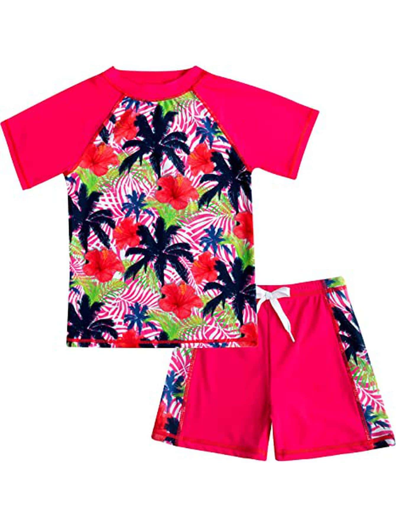Sloosh Girl's UPF50+Two Piece Rash Guard Swimsuit, UV Sun Protection Sunsuit, Quick Dry Short Sleeve Rashguard Set for Kid - Hot Pink - View 1