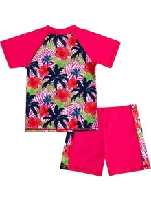 Sloosh Girl's UPF50+Two Piece Rash Guard Swimsuit, UV Sun Protection Sunsuit, Quick Dry Short Sleeve Rashguard Set for Kid - Hot Pink - View 3